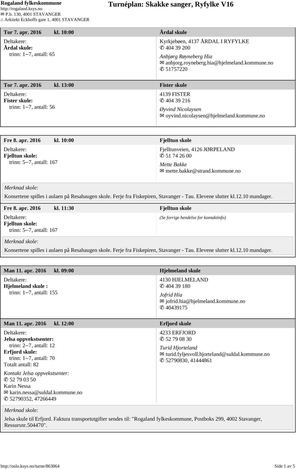 bakke@strand.kommune.no Konsertene spilles i aulaen på Resahaugen skole. Ferje fra Fiskepiren, Stavanger - Tau. Elevene slutter kl.12.10 mandager. Fre 8. apr. 2016 kl.