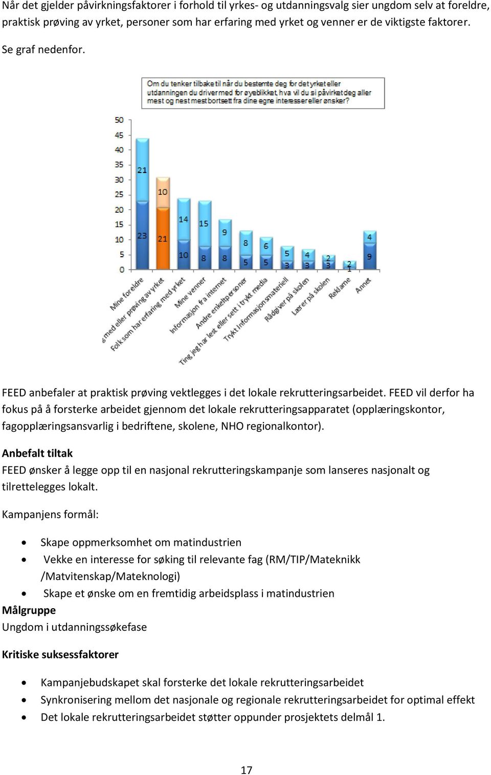 FEED vil derfor ha fokus på å forsterke arbeidet gjennom det lokale rekrutteringsapparatet (opplæringskontor, fagopplæringsansvarlig i bedriftene, skolene, NHO regionalkontor).