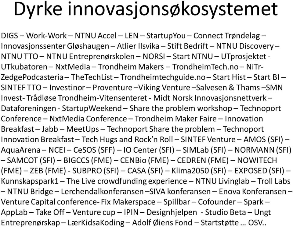 no Start Hist Start BI SINTEF TTO Investinor Proventure Viking Venture Salvesen & Thams SMN Invest- Trådløse Trondheim-Vitensenteret - Midt Norsk Innovasjonsnettverk Dataforeningen - StartupWeekend