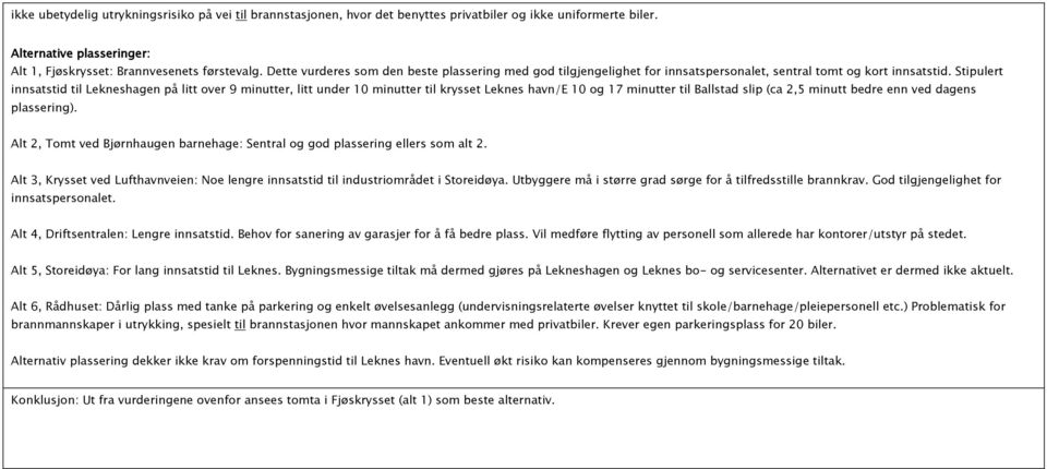 Stipulert innsatstid til Lekneshagen på litt over 9 minutter, litt under 10 minutter til krysset Leknes havn/e 10 og 17 minutter til Ballstad slip (ca 2,5 minutt bedre enn ved dagens plassering).