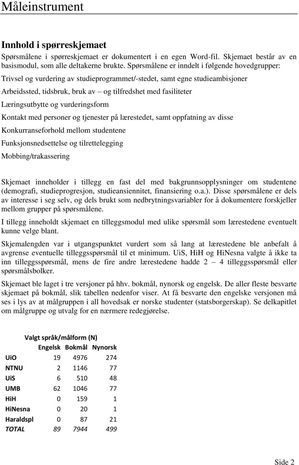 Læringsutbytte og vurderingsform Kontakt med personer og tjenester på lærestedet, samt oppfatning av disse Konkurranseforhold mellom studentene Funksjonsnedsettelse og tilrettelegging