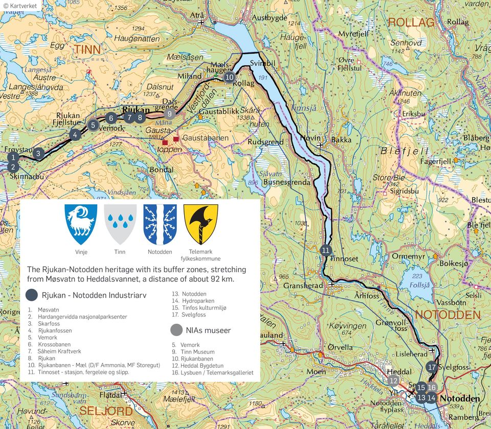 2 Møsvatn Hardangervidda nasjonalparksenter Skarfoss Rjukanfossen Vemork Krossobanen Såheim Kraftverk Rjukan Rjukanbanen - Mæl (D/F Ammonia, MF Storegut) Tinnoset