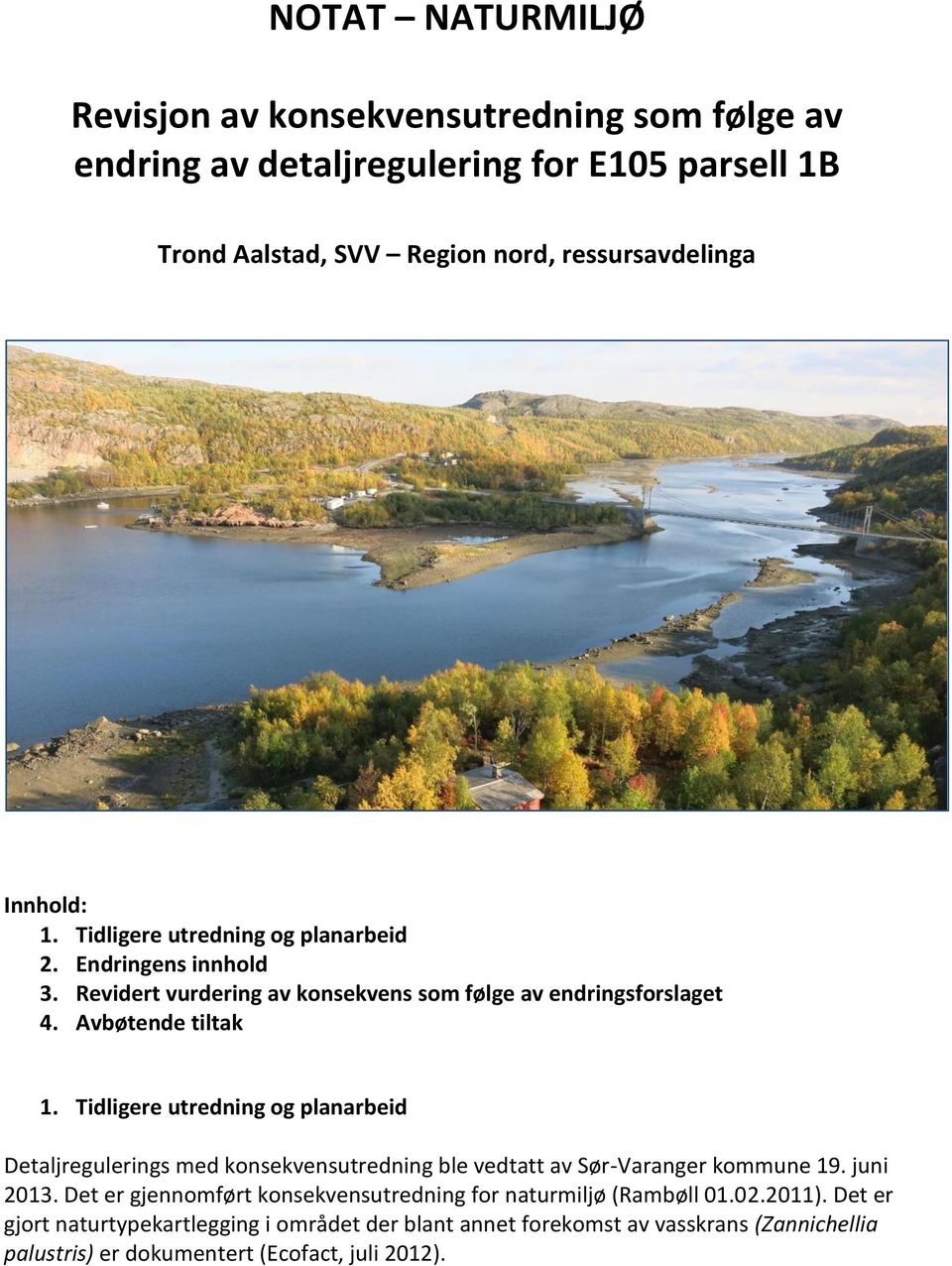 Tidligere utredning og planarbeid Detaljregulerings med konsekvensutredning ble vedtatt av Sør-Varanger kommune 19. juni 2013.