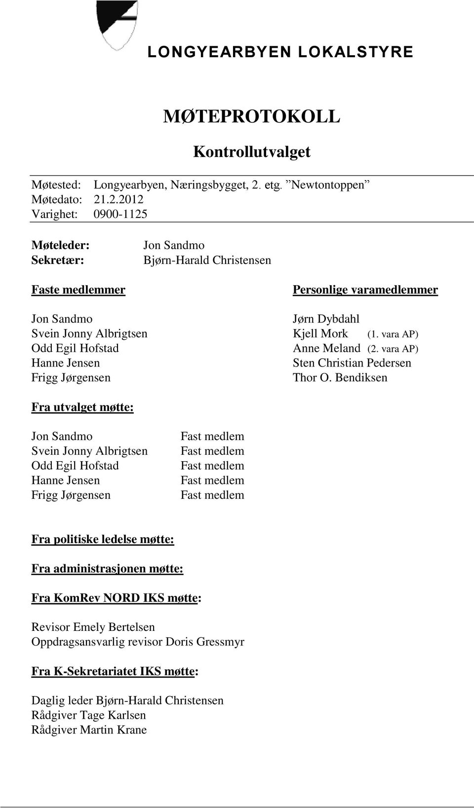 .2.2012 Varighet: 0900-1125 Møteleder: Sekretær: Jon Sandmo Bjørn-Harald Christensen Faste medlemmer Personlige varamedlemmer Jon Sandmo Jørn Dybdahl Svein Jonny Albrigtsen Kjell Mork (1.