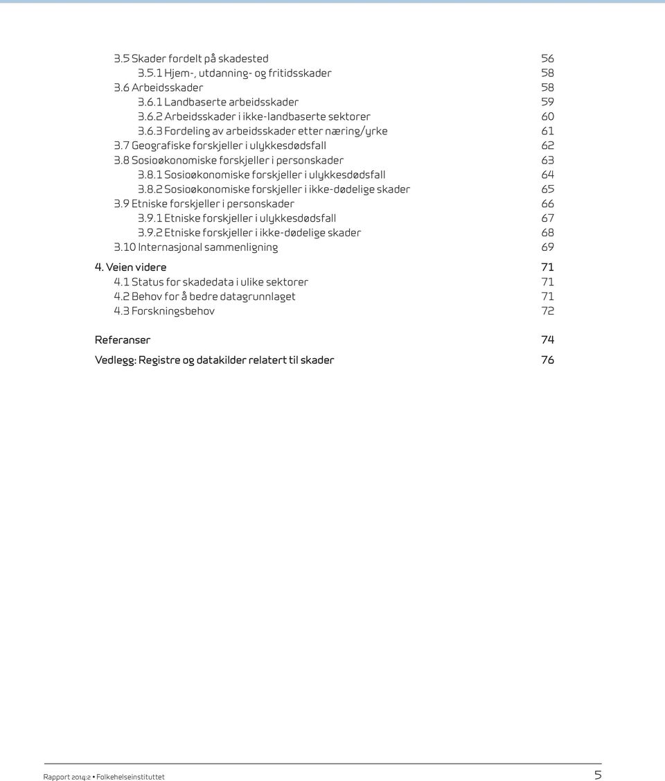 9 Etniske forskjeller i personskader 66 3.9.1 Etniske forskjeller i ulykkesdødsfall 67 3.9.2 Etniske forskjeller i ikke-dødelige skader 68 3.1 Internasjonal sammenligning 69 4. Veien videre 71 4.