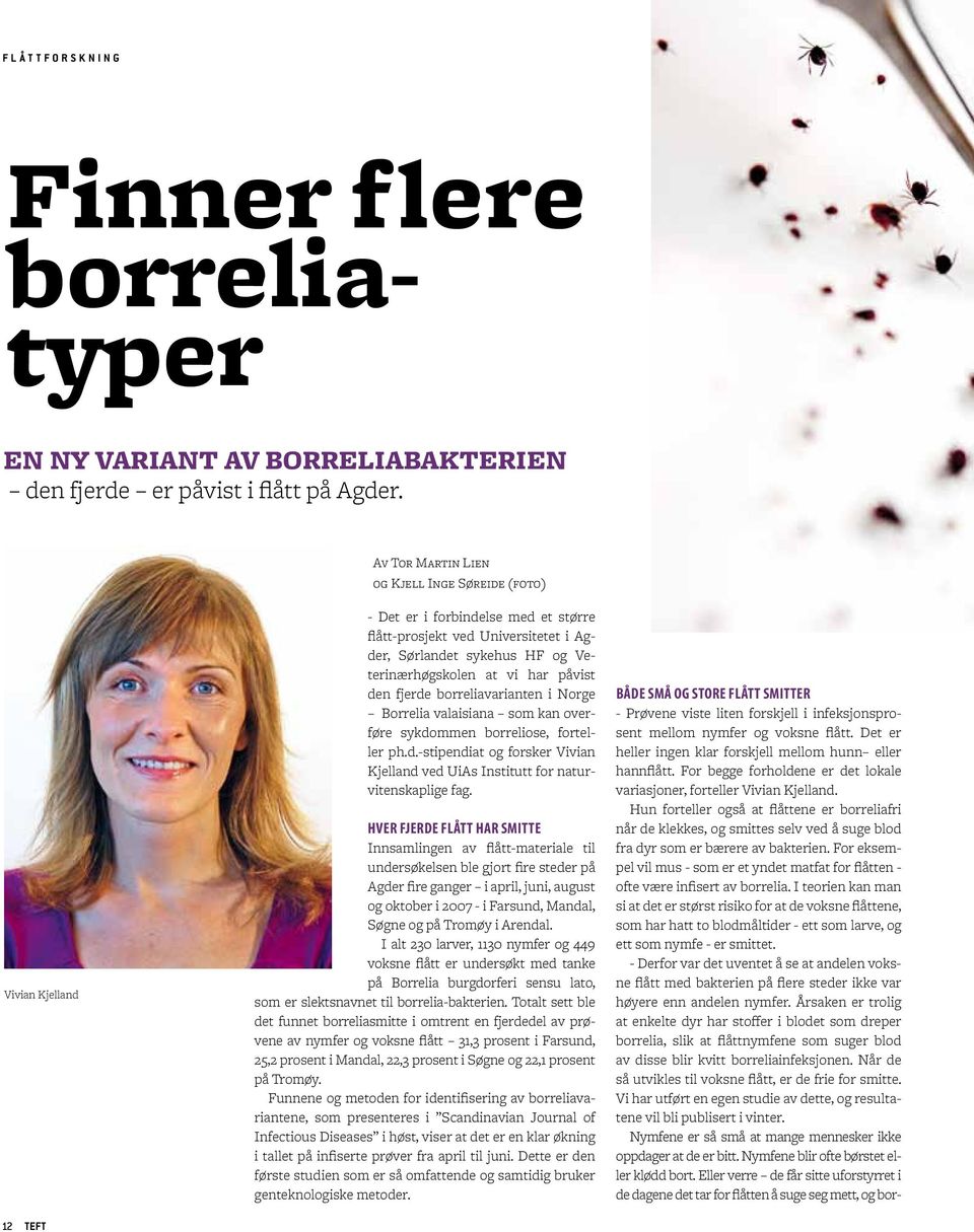 har påvist den fjerde borreliavarianten i Norge Borrelia valaisiana som kan overføre sykdommen borreliose, forteller ph.d.-stipendiat og forsker Vivian Kjelland ved UiAs Institutt for naturvitenskaplige fag.