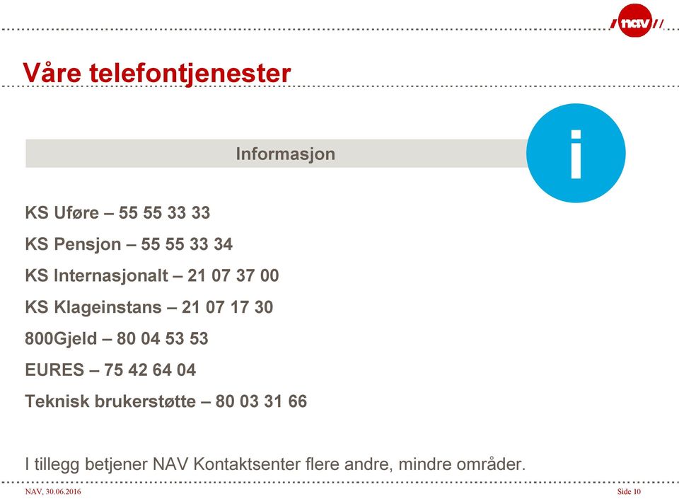 80 04 53 53 EURES 75 42 64 04 Teknisk brukerstøtte 80 03 31 66 I tillegg