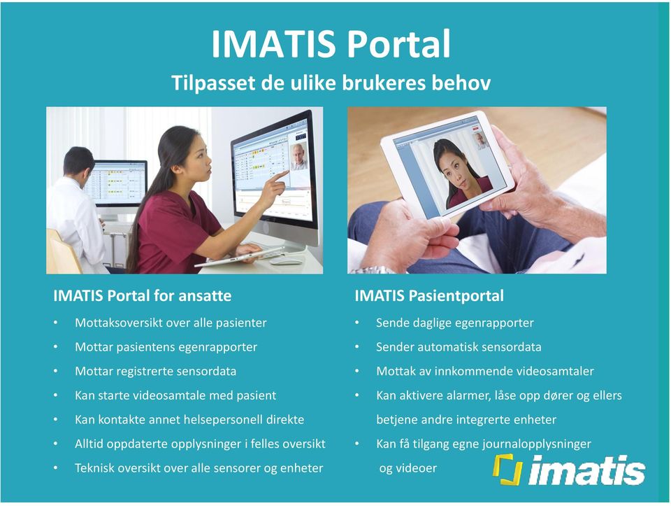 oversikt Teknisk oversikt over alle sensorer og enheter IMATIS Pasientportal Sende daglige egenrapporter Sender automatisk sensordata Mottak av