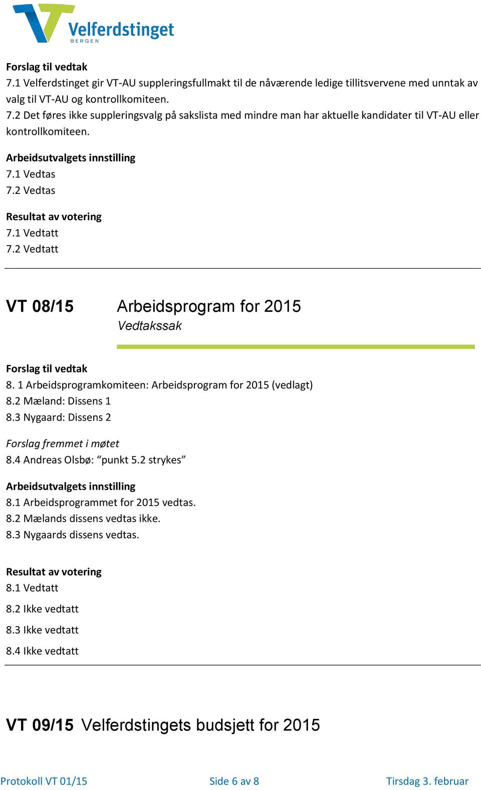 2 Vedtatt VT 08/15 Arbeidsprogram for 2015 8. 1 Arbeidsprogramkomiteen: Arbeidsprogram for 2015 (vedlagt) 8.2 Mæland: Dissens 1 8.3 Nygaard: Dissens 2 Forslag fremmet i møtet 8.