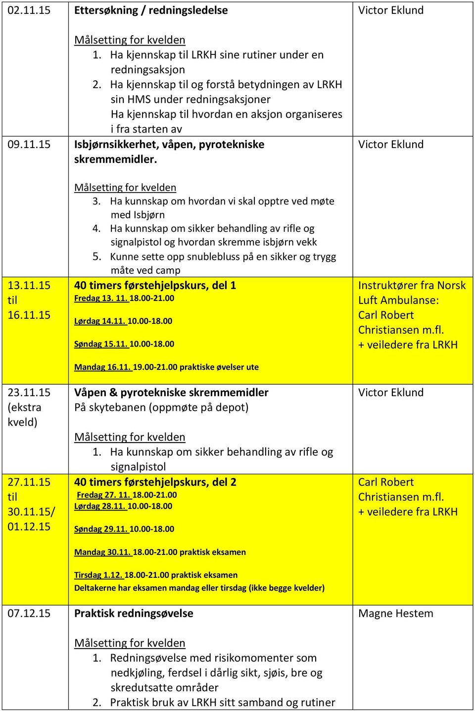 15 Isbjørnsikkerhet, våpen, pyrotekniske skremmemidler. Victor Eklund Victor Eklund 13.11.15 til 16.11.15 23.11.15 (ekstra kveld) 27.11.15 til 30.11.15/ 01.12.15 3.