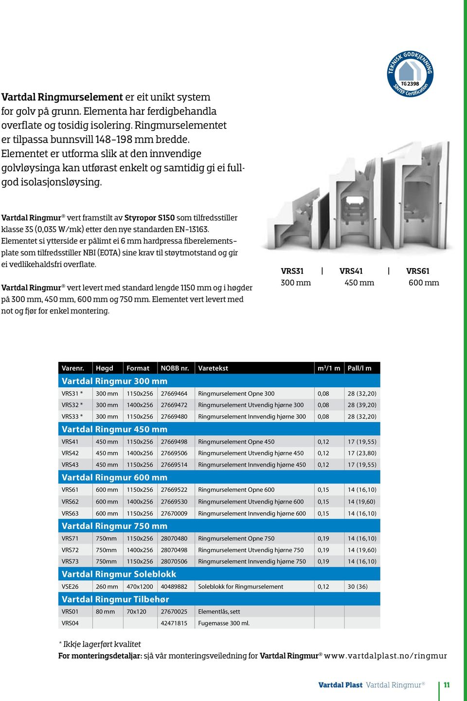 2398 Vartdal Ringmur vert framstilt av Styropor S150 som tilfredsstiller klasse 35 (0,035 W/mk) etter den nye standarden EN-13163.