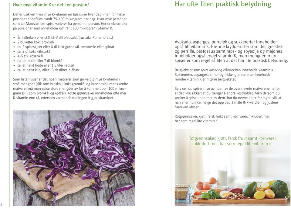 Her er eksempler på porsjoner som inneholder omtrent 100 mikrogram vitamin K: Én tallerken eller skål (2-3 dl) bladsalat (ruccola, Romano etc.) 2 buketter kokt brokkoli ca.