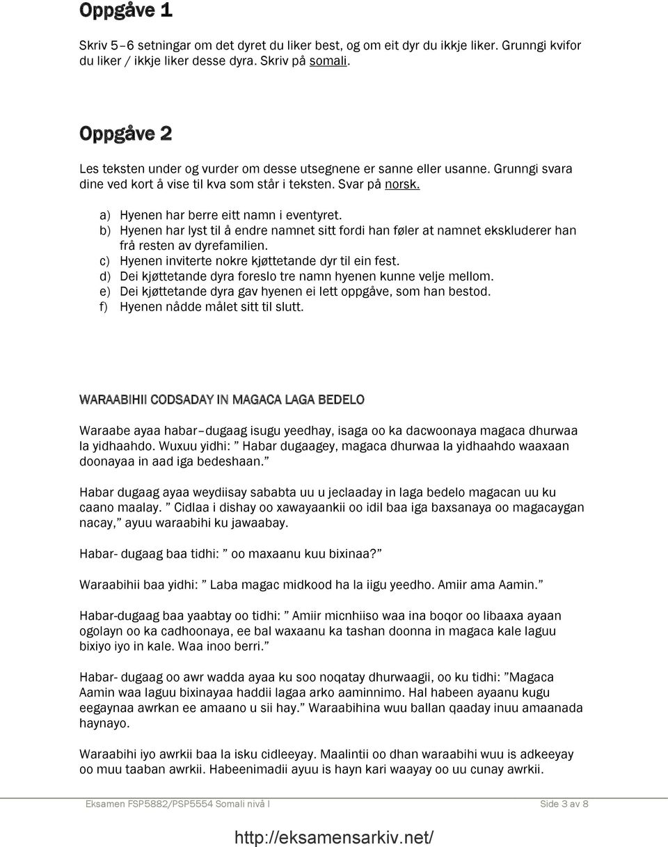 b) Hyenen har lyst til å endre namnet sitt fordi han føler at namnet ekskluderer han frå resten av dyrefamilien. c) Hyenen inviterte nokre kjøttetande dyr til ein fest.