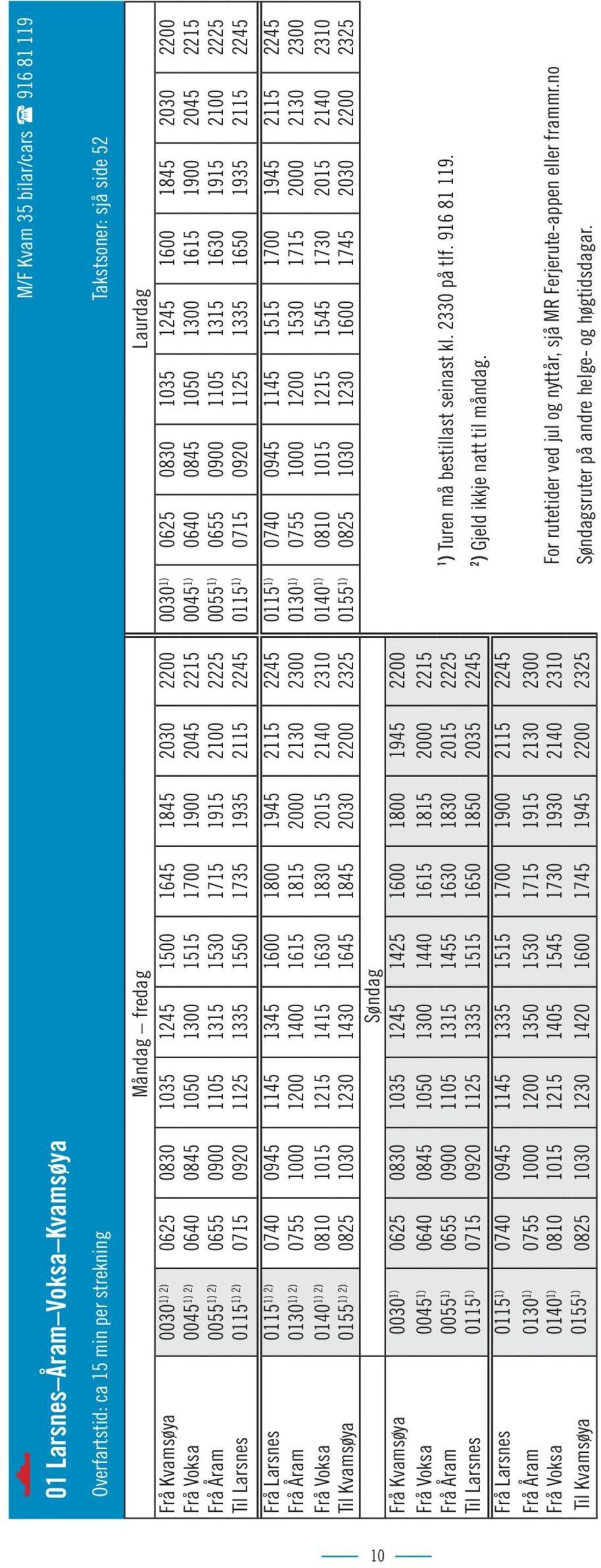 2) 0655 0900 1105 1315 1530 1715 1915 2100 2225 0055 1) 0655 0900 1105 1315 1630 1915 2100 2225 Til Larsnes 0115 1) 2) 0715 0920 1125 1335 1550 1735 1935 2115 2245 0115 1) 0715 0920 1125 1335 1650