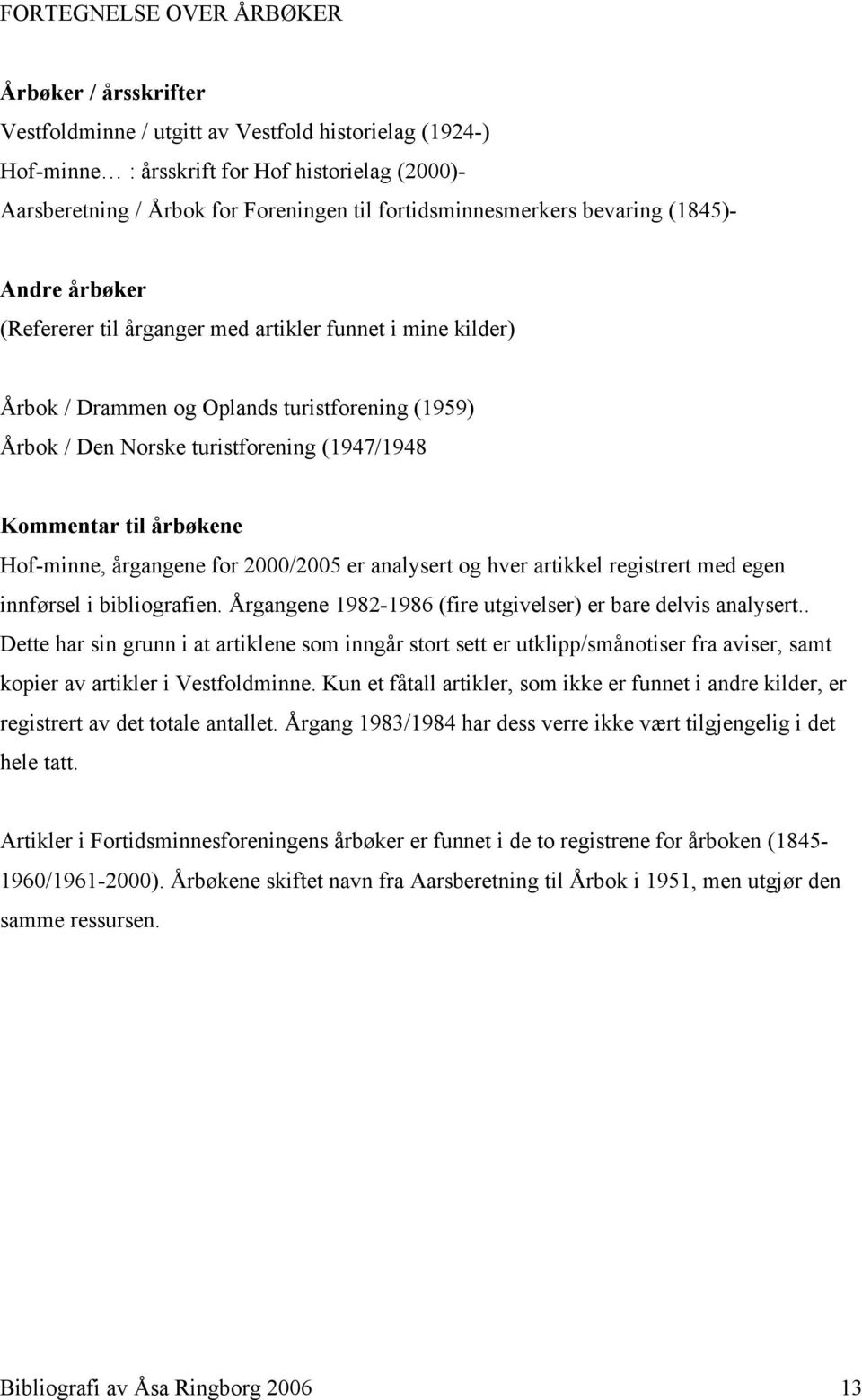 (1947/1948 Kommentar til årbøkene Hof-minne, årgangene for 2000/2005 er analysert og hver artikkel registrert med egen innførsel i bibliografien.