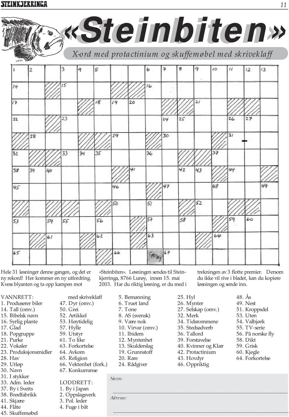 Dersom du ikke vil rive i bladet, kan du kopiere løsningen og sende inn. VANNRETT: 1. Produserer biler 14. Tall (omv.) 15. Bibelsk navn 16. Syrlig plante 17. Glad 18. Popgruppe 21. Purke 22.