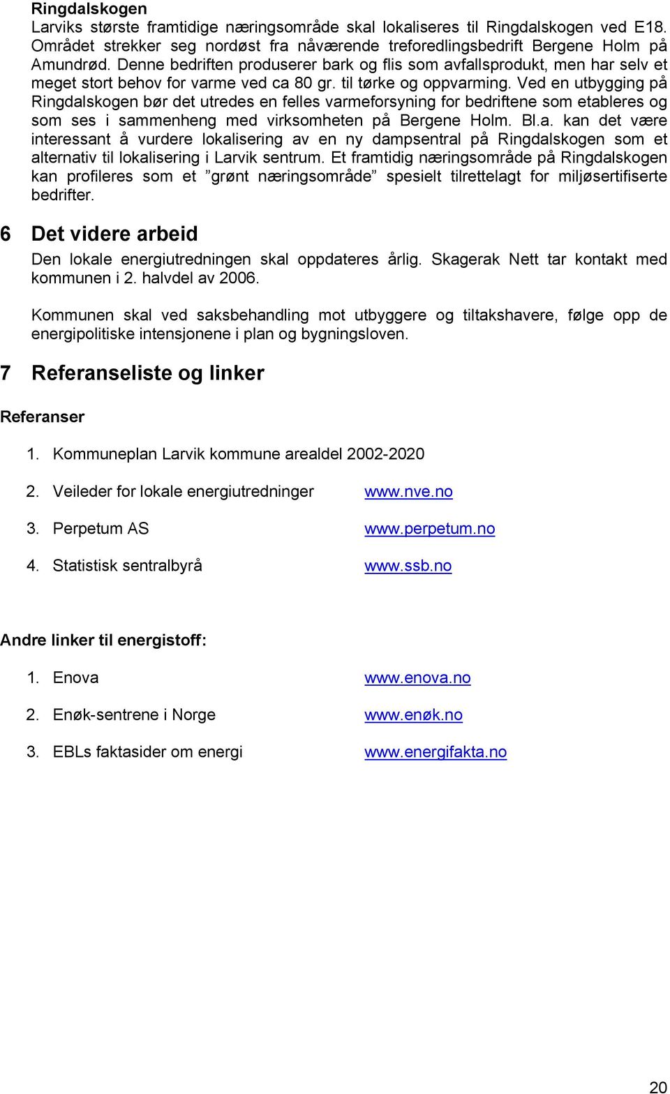 Ved en utbygging på Ringdalskogen bør det utredes en felles varmeforsyning for bedriftene som etableres og som ses i sammenheng med virksomheten på Bergene Holm. Bl.a. kan det være interessant å vurdere lokalisering av en ny dampsentral på Ringdalskogen som et alternativ til lokalisering i Larvik sentrum.