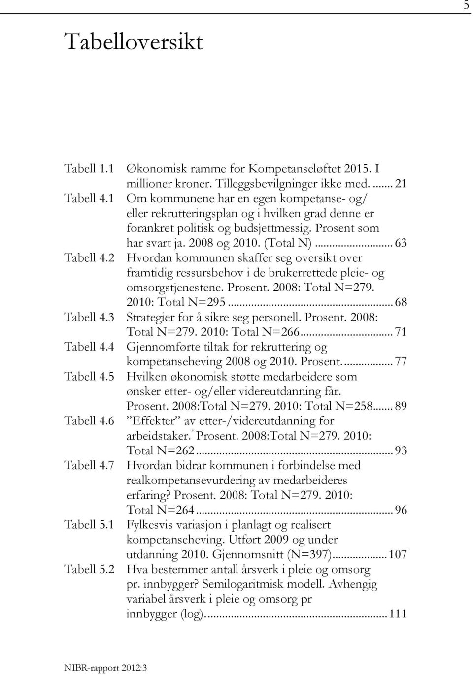 2 Hvordan kommunen skaffer seg oversikt over framtidig ressursbehov i de brukerrettede pleie- og omsorgstjenestene. Prosent. 2008: Total N=279. 2010: Total N=295... 68 Tabell 4.