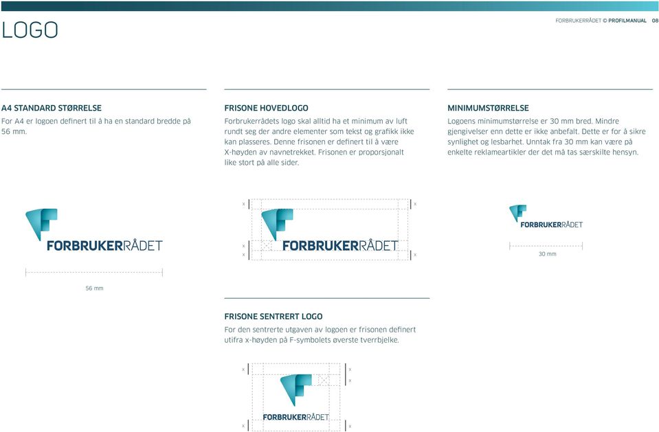 Denne frisonen er definert til å være X-høyden av navnetrekket. Frisonen er proporsjonalt like stort på alle sider. MINIMUMSTØRRELSE Logoens minimumstørrelse er 30 mm bred.