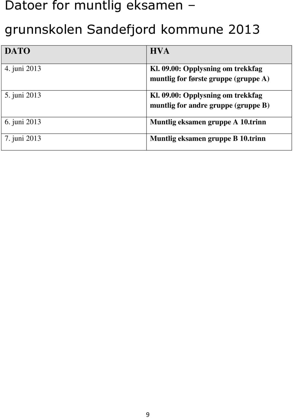 juni 2013 Kl. 09.00: Opplysning om trekkfag muntlig for andre gruppe (gruppe B) 6.