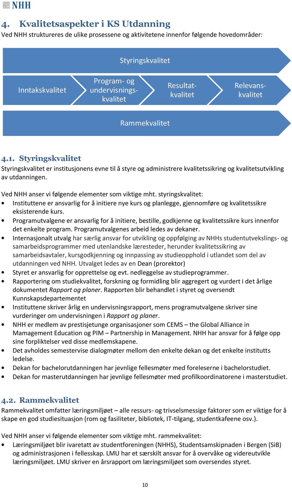 Ved NHH anser vi følgende elementer som viktige mht. styringskvalitet: Instituttene er ansvarlig for å initiere nye kurs og planlegge, gjennomføre og kvalitetssikre eksisterende kurs.