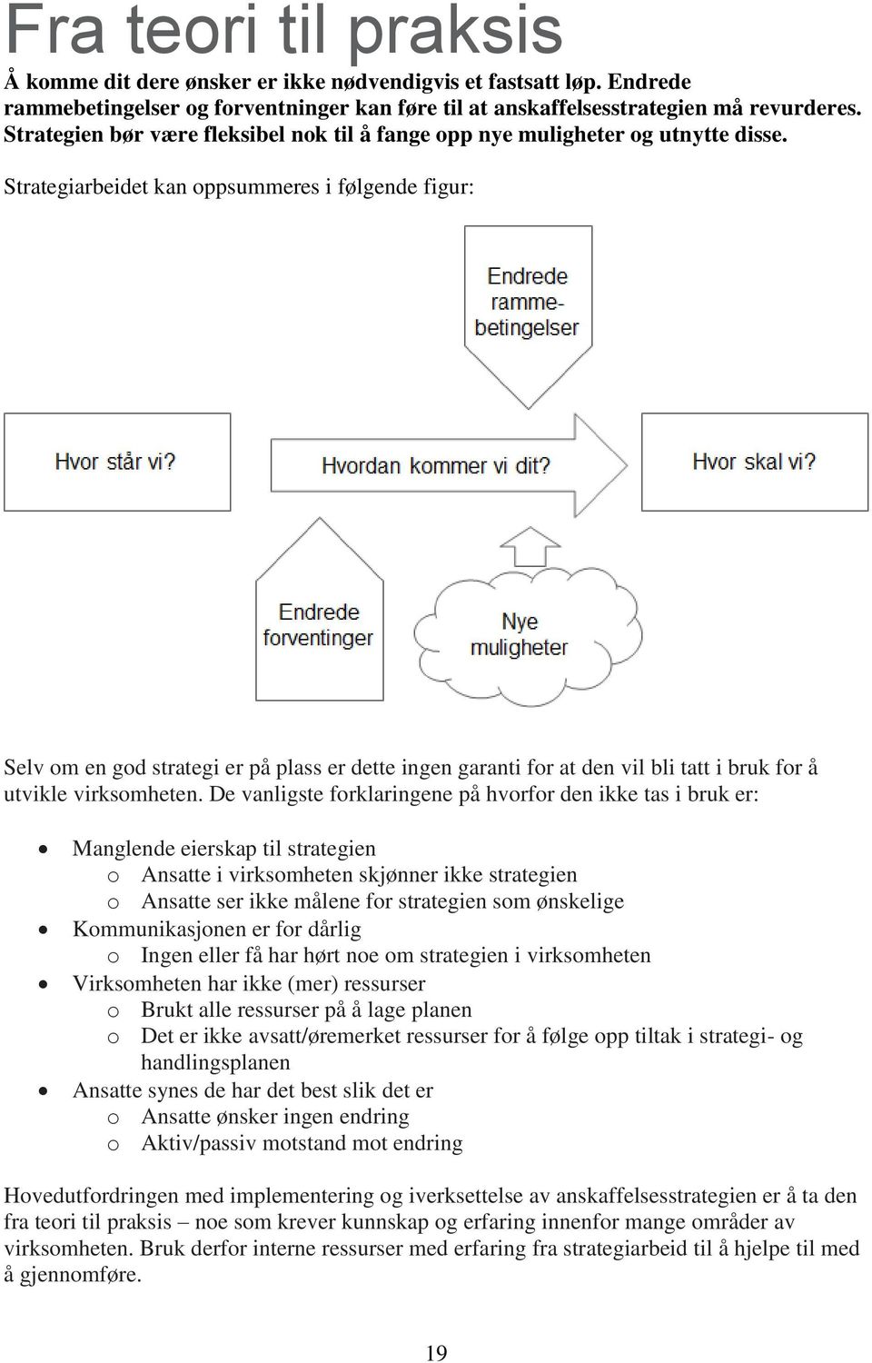 Strategiarbeidet kan oppsummeres i følgende figur: Selv om en god strategi er på plass er dette ingen garanti for at den vil bli tatt i bruk for å utvikle virksomheten.