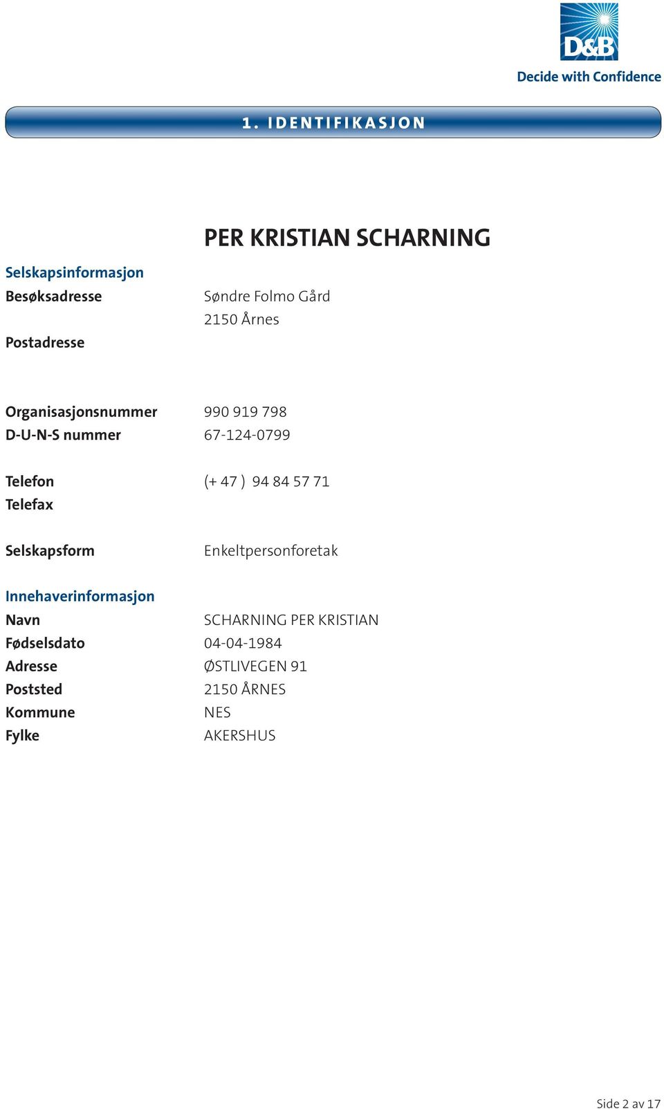 94 84 57 71 Telefax Selskapsform Enkeltpersonforetak Inneherinformasjon Nn SCHARNING PER KRISTIAN