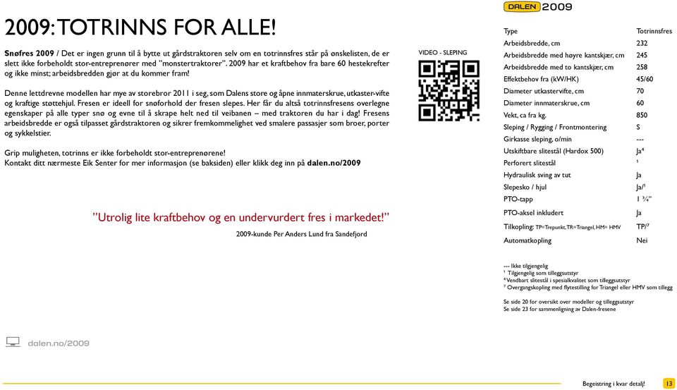 2009 har et kraftbehov fra bare 60 hestekrefter og ikke minst; arbeidsbredden gjør at du kommer fram!