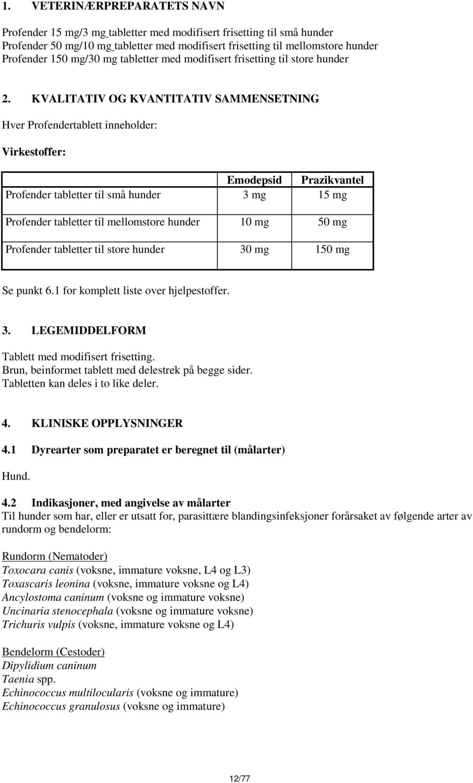 KVALITATIV OG KVANTITATIV SAMMENSETNING Hver Profendertablett inneholder: Virkestoffer: Emodepsid Prazikvantel Profender tabletter til små hunder 3 mg 15 mg Profender tabletter til mellomstore hunder