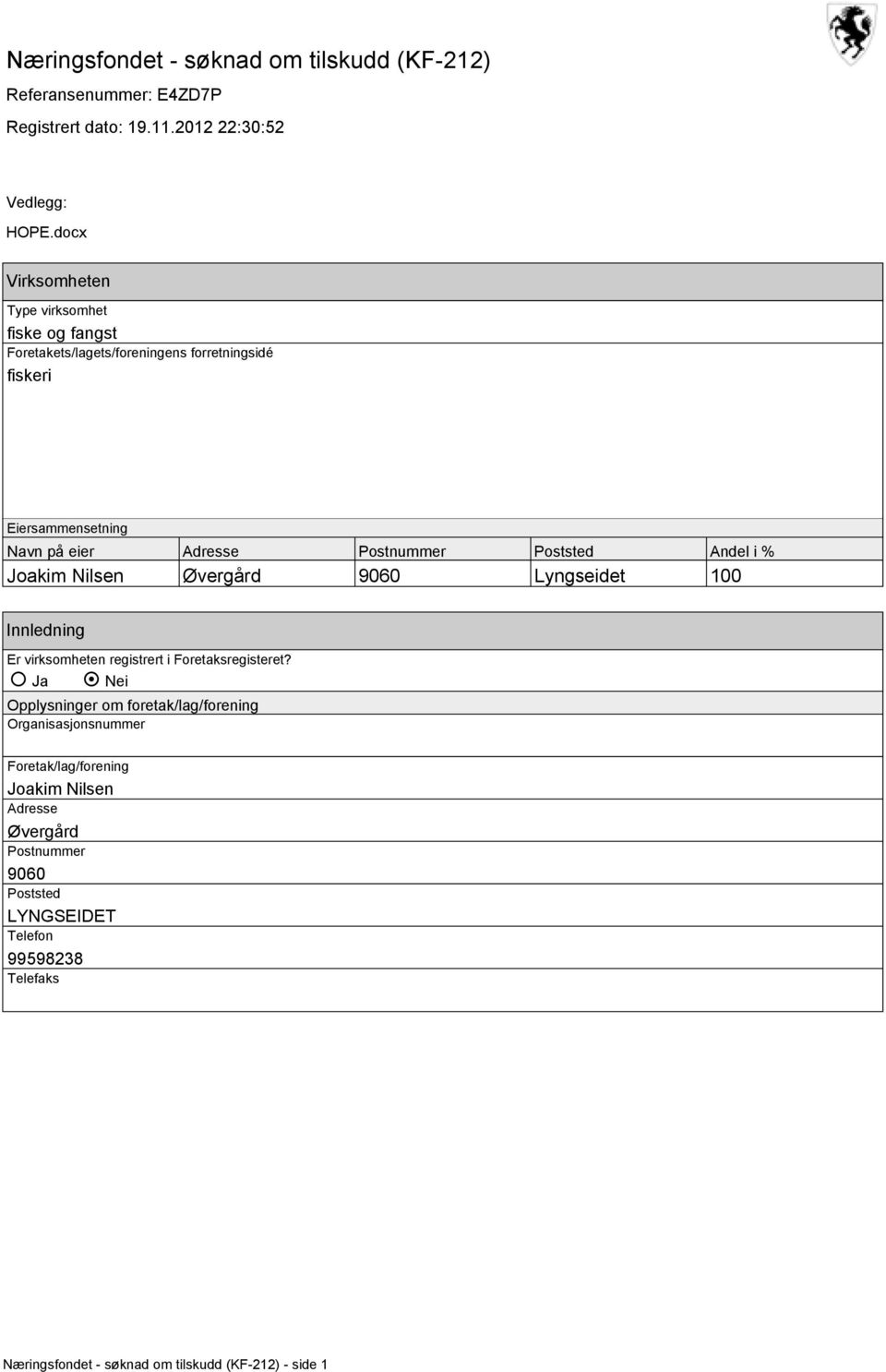 Poststed Andel i % Joakim Nilsen Øvergård 9060 Lyngseidet 100 Innledning Er virksomheten registrert i Foretaksregisteret?