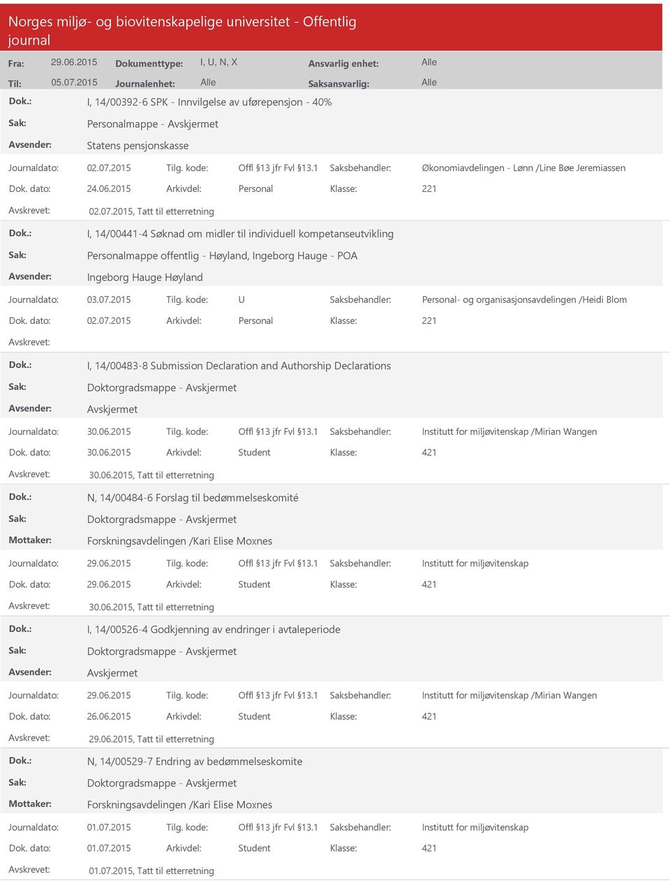 2015, Tatt til etterretning I, 14/00441-4 Søknad om midler til individuell kompetanseutvikling Personalmappe offentlig - Høyland, Ingeborg Hauge - POA Ingeborg Hauge Høyland Personal- og