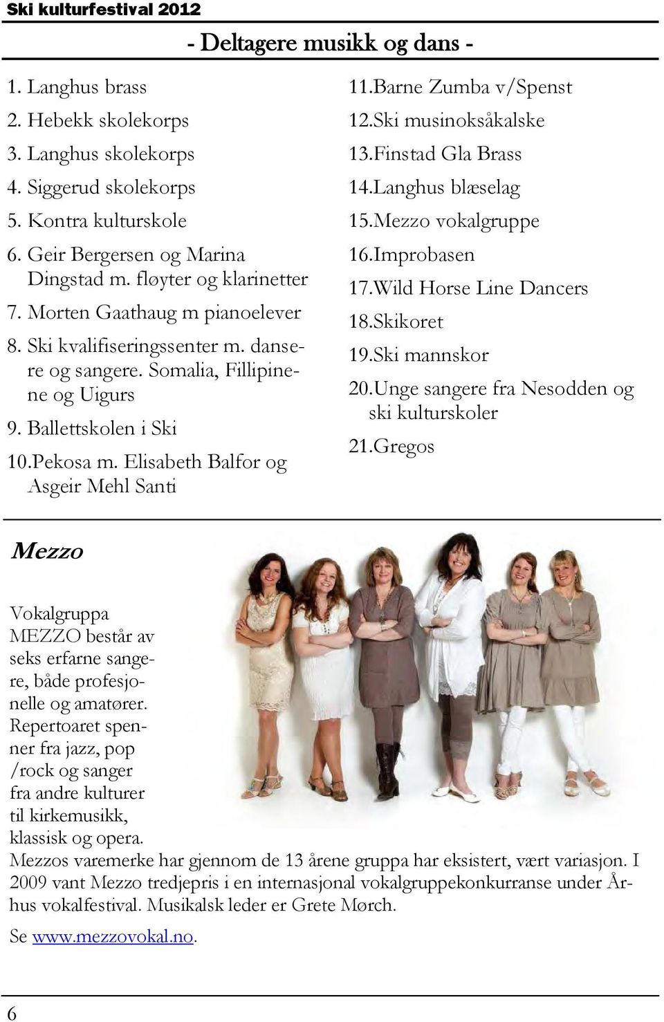 Barne Zumba v/spenst 12.Ski musinoksåkalske 13.Finstad Gla Brass 14.Langhus blæselag 15.Mezzo vokalgruppe 16.Improbasen 17.Wild Horse Line Dancers 18.Skikoret 19.Ski mannskor 20.