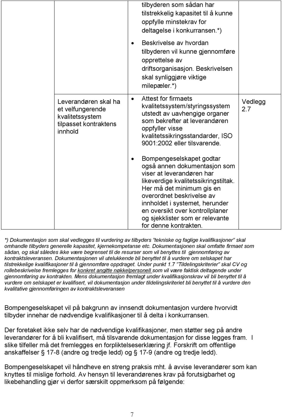 *) Leverandøren skal ha et velfungerende kvalitetssystem tilpasset kontraktens innhold Attest for firmaets kvalitetssystem/styringssystem utstedt av uavhengige organer som bekrefter at leverandøren