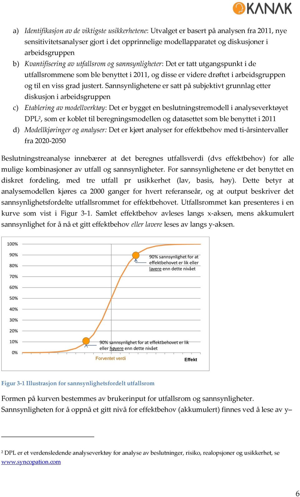 Sannsynlighetene er satt på subjektivt grunnlag etter diskusjon i arbeidsgruppen c) Etablering av modellverktøy: Det er bygget en beslutningstremodell i analyseverktøyet DPL 2, som er koblet til