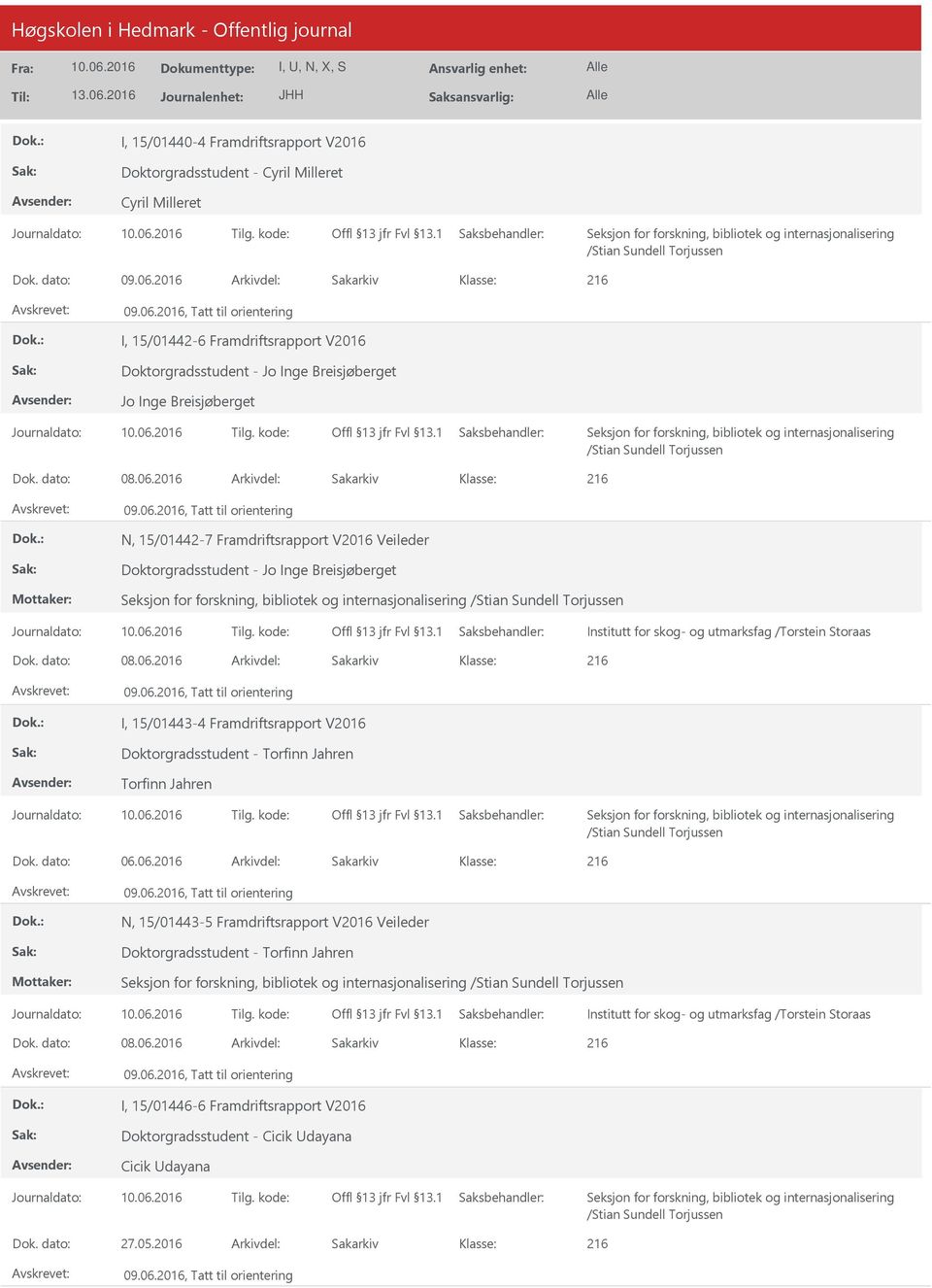 2016 Arkivdel: Sakarkiv N, 15/01442-7 Framdriftsrapport V2016 Veileder Doktorgradsstudent - Jo Inge Breisjøberget Institutt for skog- og utmarksfag /Torstein Storaas Dok. dato: 08.06.