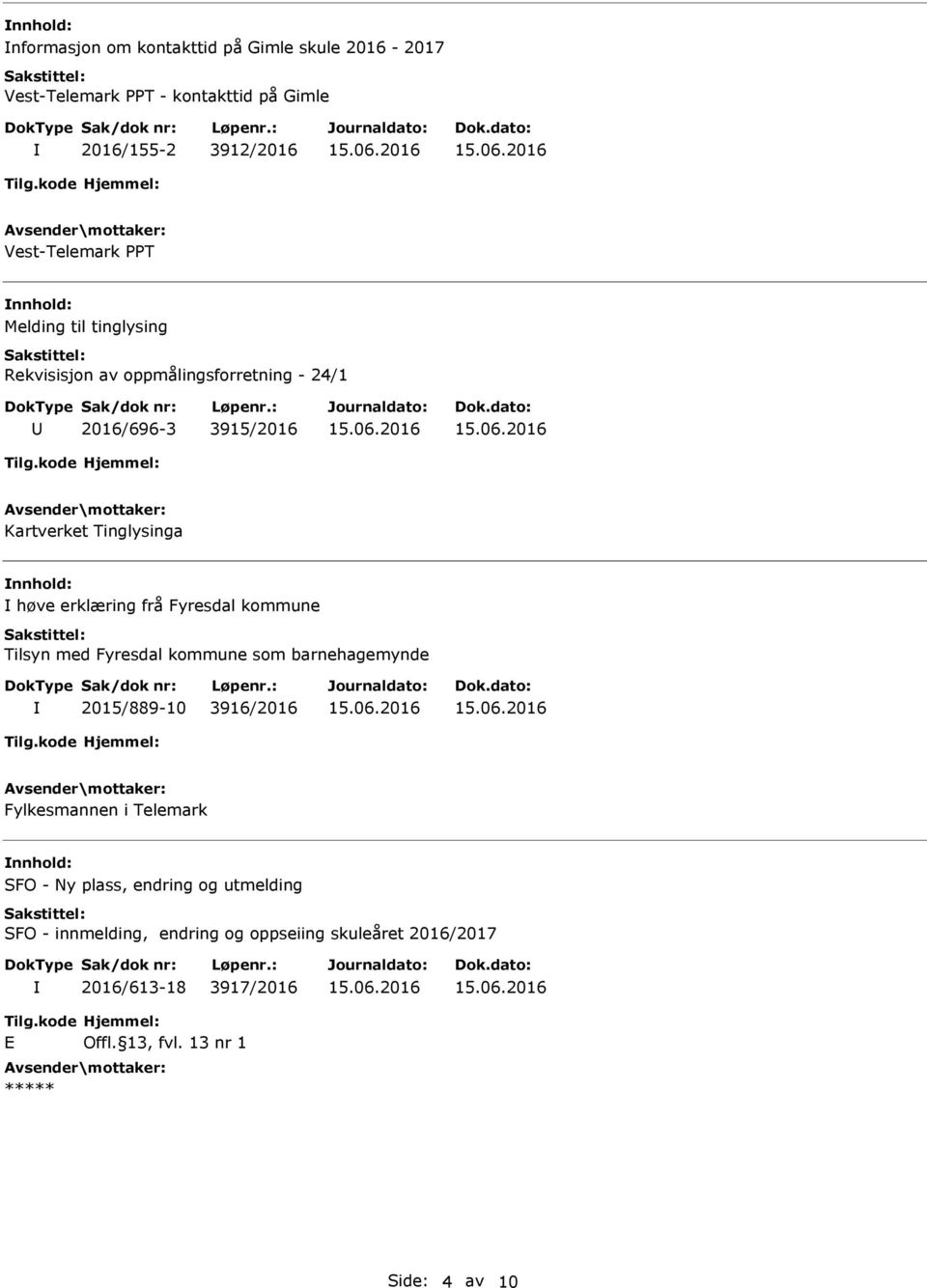 Fyresdal kommune Tilsyn med Fyresdal kommune som barnehagemynde 2015/889-10 3916/2016 Fylkesmannen i Telemark SFO - Ny plass,