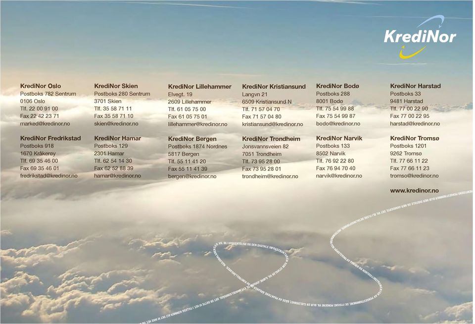 71 57 04 70 Fax 71 57 04 80 kristiansund@kredinor.no KrediNor Bodø Postboks 288 8001 Bodø Tlf. 75 54 99 88 Fax 75 54 99 87 bodo@kredinor.no KrediNor Harstad Postboks 33 9481 Harstad Tlf.