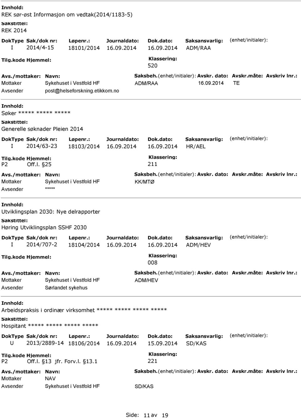 : KK/MTØ tviklingsplan 2030: Nye delrapporter Høring tviklingsplan SSHF 2030 2014/707-2 18104/2014 ADM/HEV 008 Avs./mottaker: Navn: Saksbeh. Avskr. dato: Avskr.måte: Avskriv lnr.