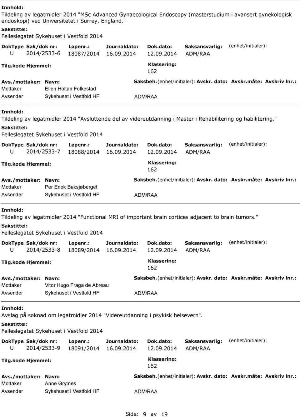 : Mottaker Ellen Holtan Folkestad Tildeling av legatmidler 2014 "Avsluttende del av videreutdanning i Master i Rehabilitering og habilitering." 2014/2533-7 18088/2014 Avs.