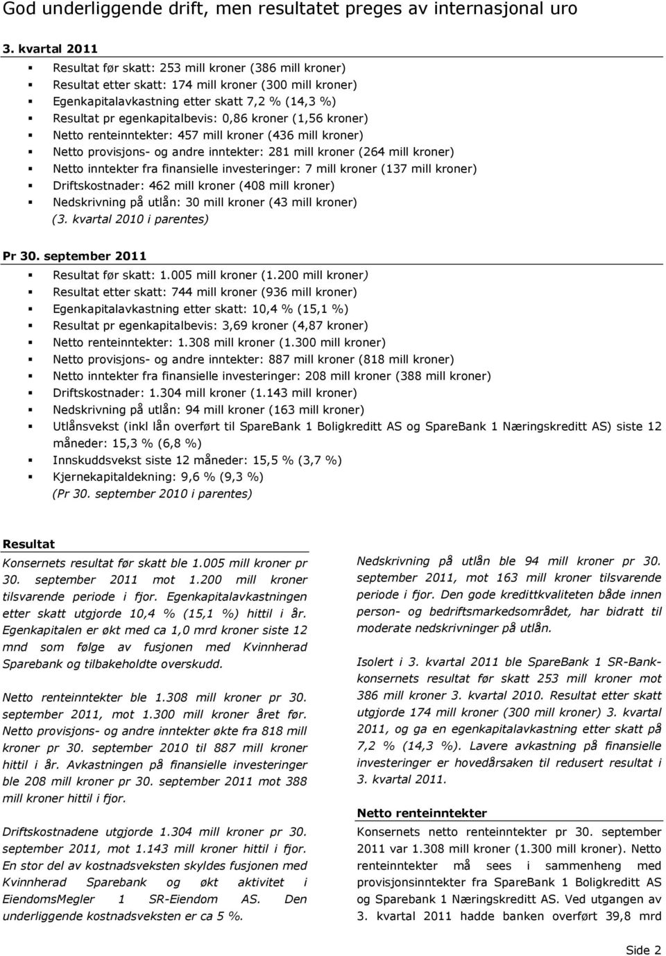 egenkapitalbevis: 0,86 kroner (1,56 kroner) Netto renteinntekter: 457 mill kroner (436 mill kroner) Netto provisjons- og andre inntekter: 281 mill kroner (264 mill kroner) Netto inntekter fra