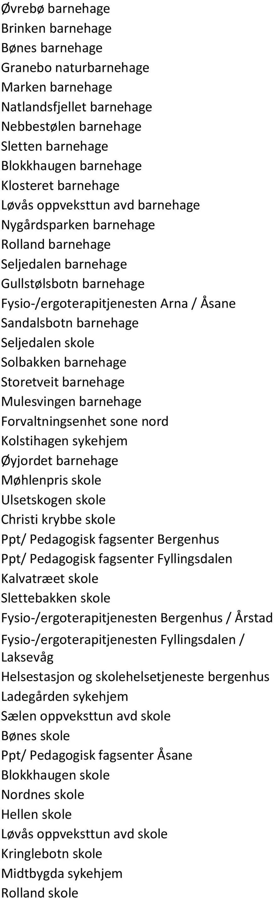 Solbakken barnehage Storetveit barnehage Mulesvingen barnehage Forvaltningsenhet sone nord Kolstihagen sykehjem Øyjordet barnehage Møhlenpris skole Ulsetskogen skole Christi krybbe skole Ppt/