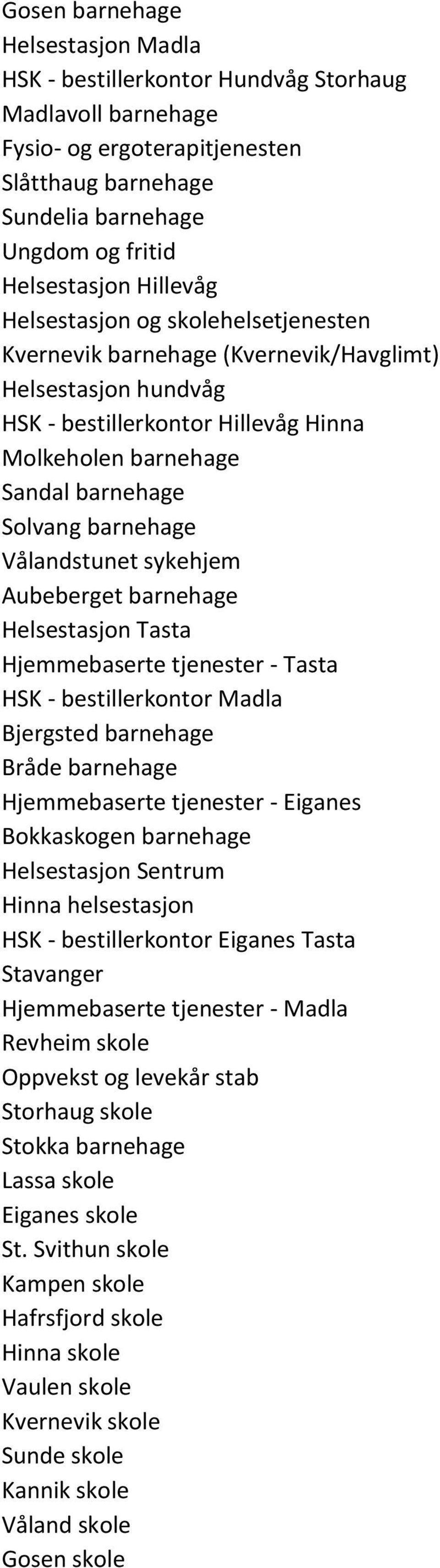 Vålandstunet sykehjem Aubeberget barnehage Helsestasjon Tasta Hjemmebaserte tjenester - Tasta HSK - bestillerkontor Madla Bjergsted barnehage Bråde barnehage Hjemmebaserte tjenester - Eiganes