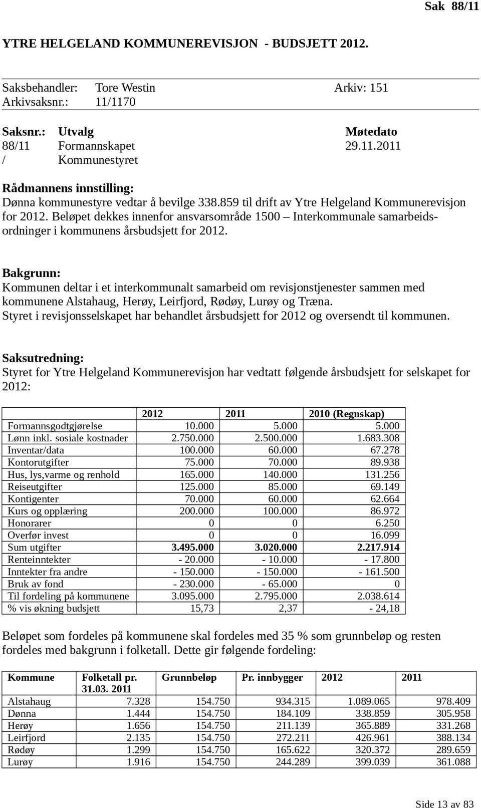 Bakgrunn: Kommunen deltar i et interkommunalt samarbeid om revisjonstjenester sammen med kommunene Alstahaug, Herøy, Leirfjord, Rødøy, Lurøy og Træna.