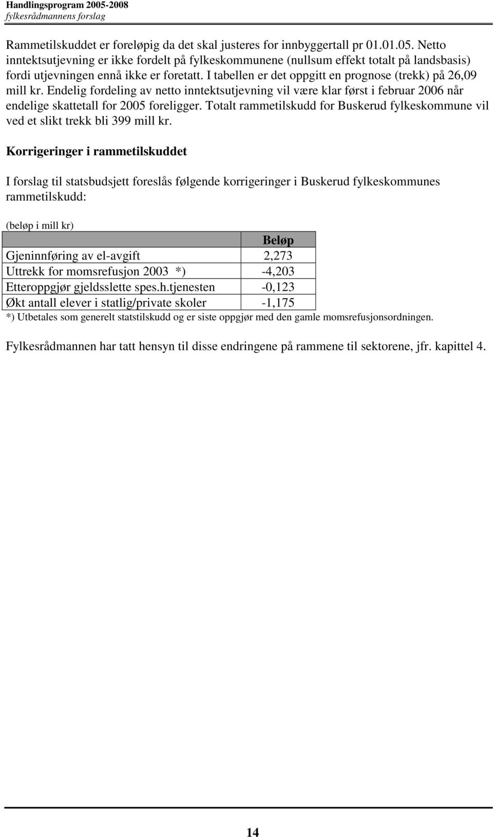 I tabellen er det oppgitt en prognose (trekk) på 26,09 mill kr. Endelig fordeling av netto inntektsutjevning vil være klar først i februar 2006 når endelige skattetall for 2005 foreligger.