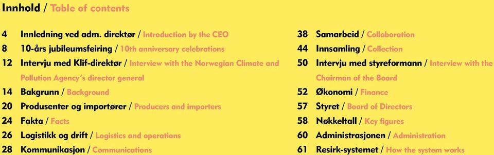 Logistikk og drift / Logistics and operations 28 Kommunikasjon / Communications 38 Samarbeid / Collaboration 44 Innsamling / Collection 50 Intervju med styreformann / Interview