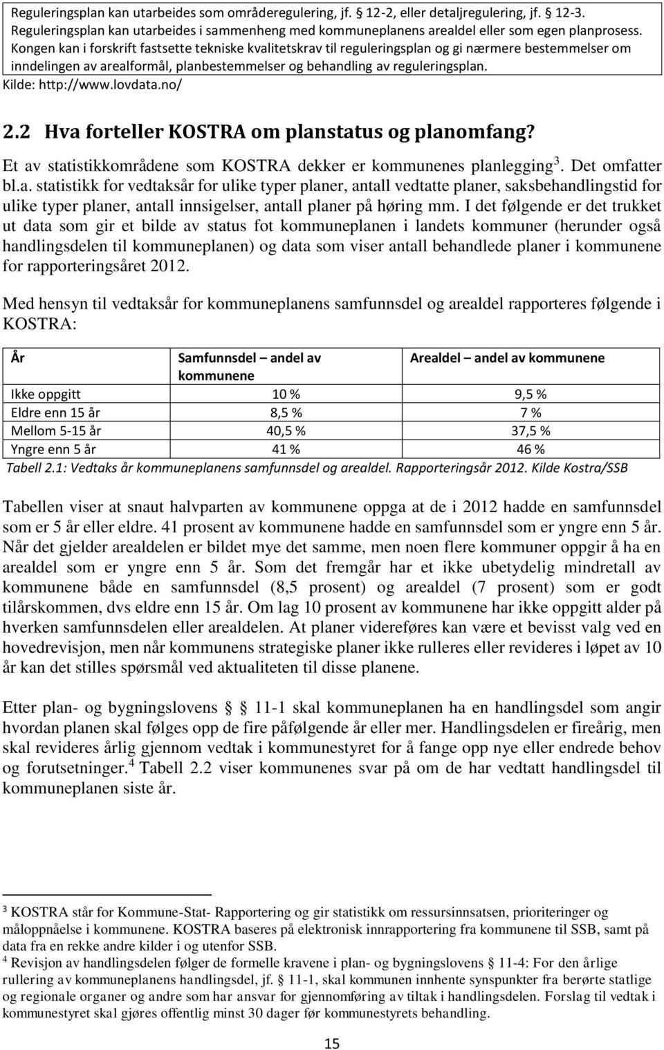 Kilde: http://www.lovdata.no/ 2.2 Hva forteller KOSTRA om planstatus og planomfang? Et av statistikkområdene som KOSTRA dekker er kommunenes planlegging 3. Det omfatter bl.a. statistikk for vedtaksår for ulike typer planer, antall vedtatte planer, saksbehandlingstid for ulike typer planer, antall innsigelser, antall planer på høring mm.