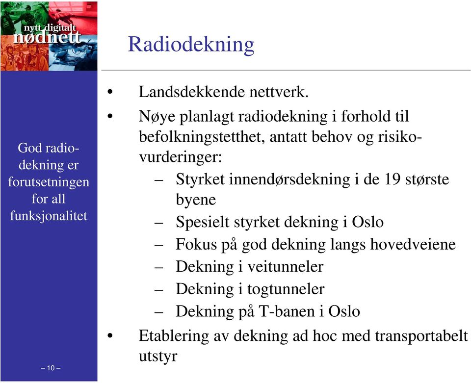 innendørsdekning i de 19 største byene Spesielt styrket dekning i Oslo Fokus på god dekning langs hovedveiene