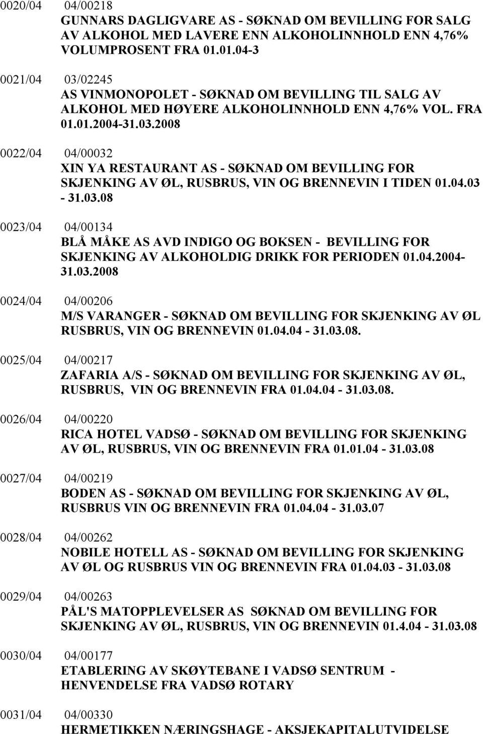04.03-31.03.08 0023/04 04/00134 BLÅ MÅKE AS AVD INDIGO OG BOKSEN - BEVILLING FOR SKJENKING AV ALKOHOLDIG DRIKK FOR PERIODEN 01.04.2004-31.03.2008 0024/04 04/00206 M/S VARANGER - SØKNAD OM BEVILLING FOR SKJENKING AV ØL RUSBRUS, VIN OG BRENNEVIN 01.