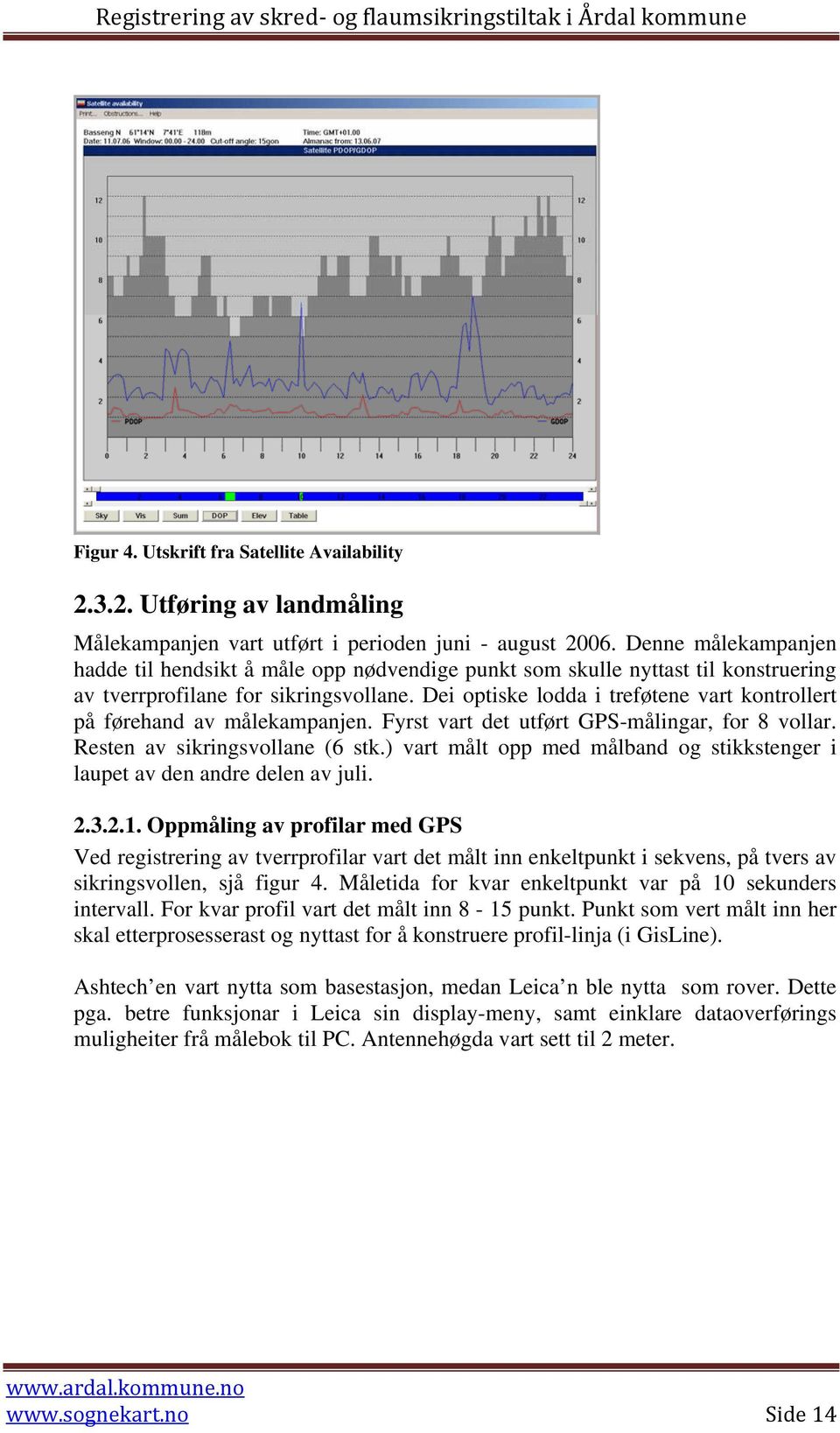 Dei optiske lodda i treføtene vart kontrollert på førehand av målekampanjen. Fyrst vart det utført GPS-målingar, for 8 vollar. Resten av sikringsvollane (6 stk.