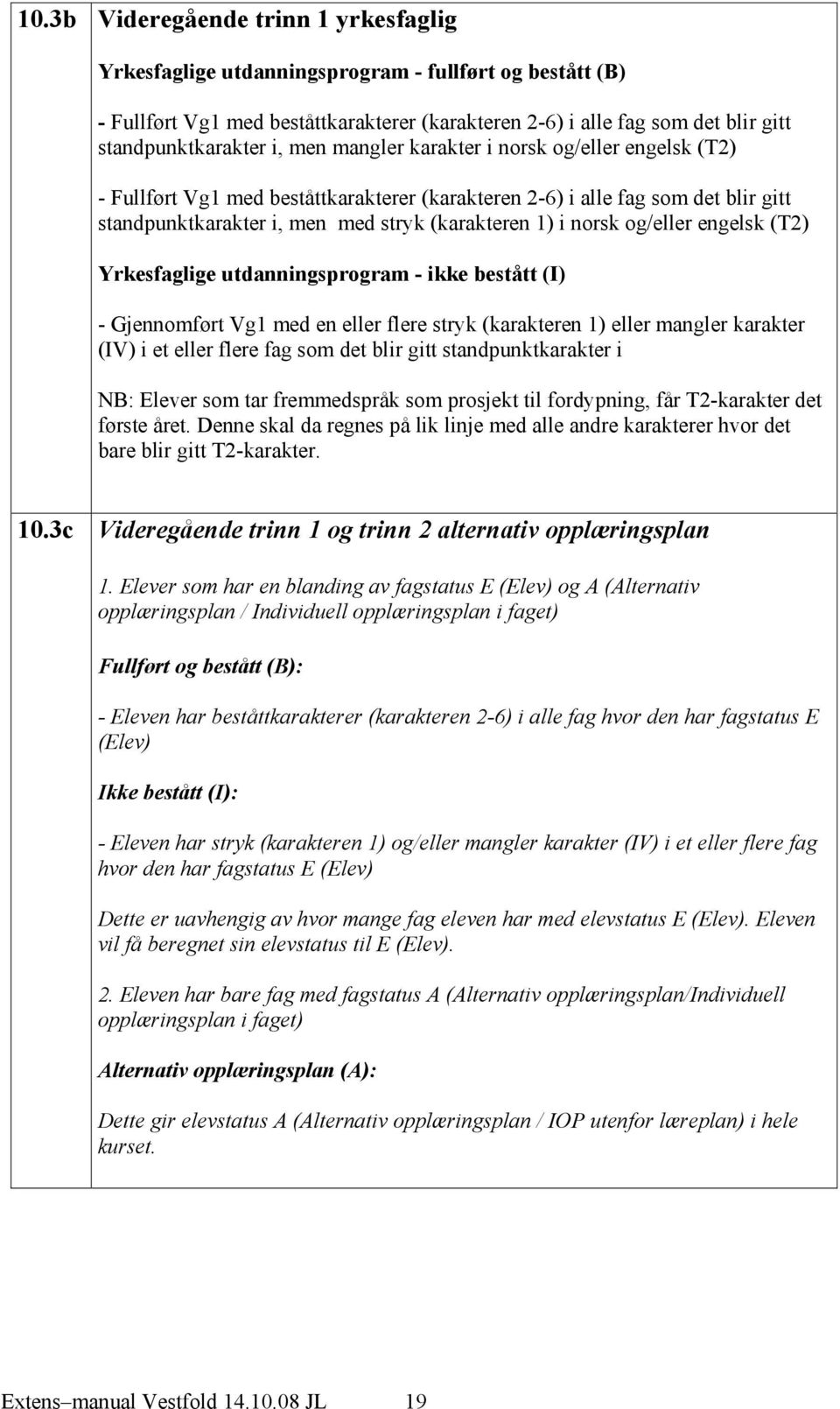 og/eller engelsk (T2) Yrkesfaglige utdanningsprogram - ikke bestått (I) - Gjennomført Vg1 med en eller flere stryk (karakteren 1) eller mangler karakter (IV) i et eller flere fag som det blir gitt